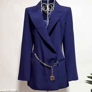 80s Claude Montana Vintage Asymmetrical Black Blazer/Dress w Chain Belt